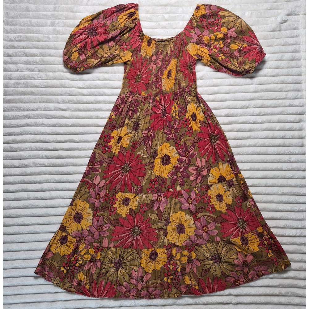 Angie Blood Orange Puff Sleeve Smocked Tiered Midi Sundress Summer Dress Size L
